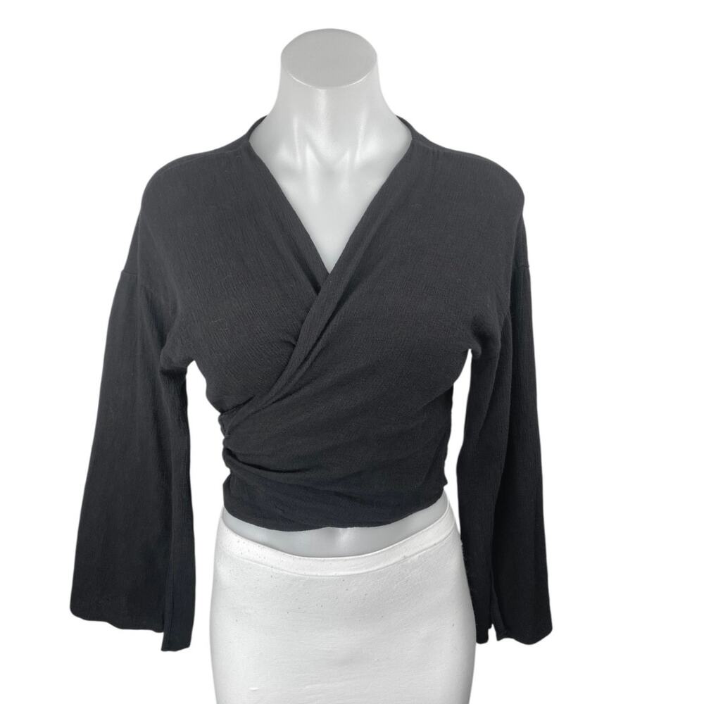 Storets Women's Black Long Bell Sleeves Tie Cropped V Neck Wrap Blouse Top Sz S